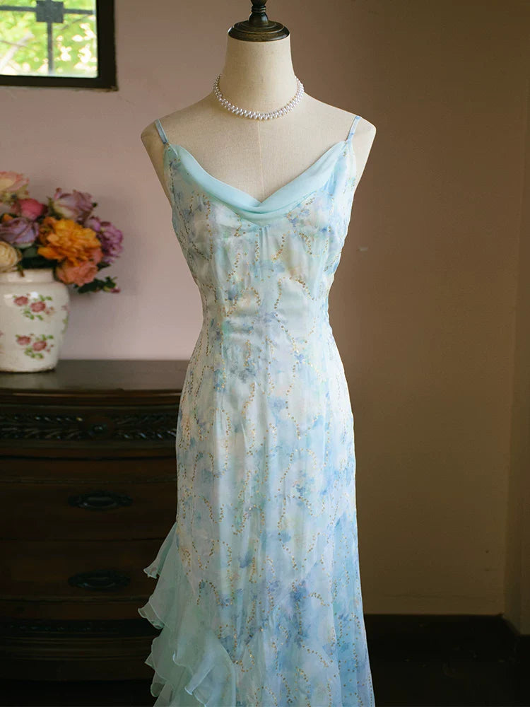 Vintage 1960s A line Spaghetti Straps Light Blue Chiffon Prom Dresses Inspiration Long Party Evening Dress 18th Birthday Outfits AB2386