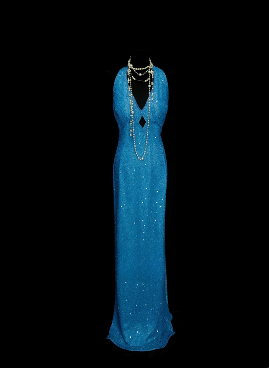 Modest Prom Dresses Aesthetic Mermaid Halter Blue Inspiration Backless Sequin Style Impress Long Party Formal Gown OB029