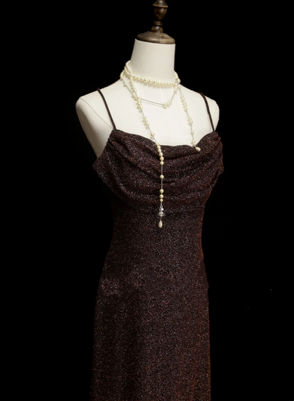 Chic Formal A Line Spaghetti Strap Brown Sequin Style Impress Long Prom Dresses Party Gowns OB031