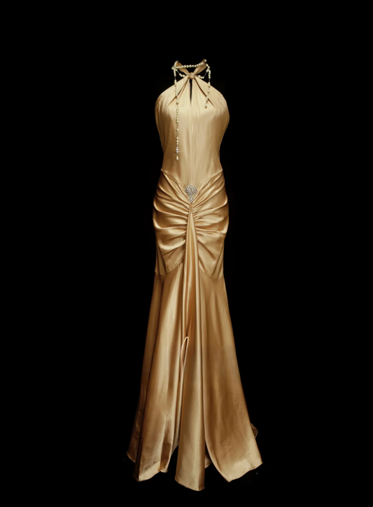 Modest Prom Dresses Aesthetic Mermaid Halter Gold Satin Inspiration Backless Style Impress Long Party Formal Gown OB037