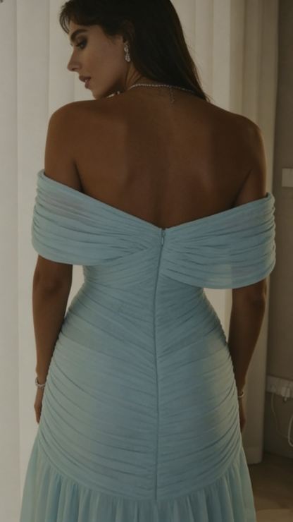 Sexy Mermaid Off The Shoulder Light Sky Blue Chiffon Prom Dresses Party Dress Long Evening Dresses AB2139