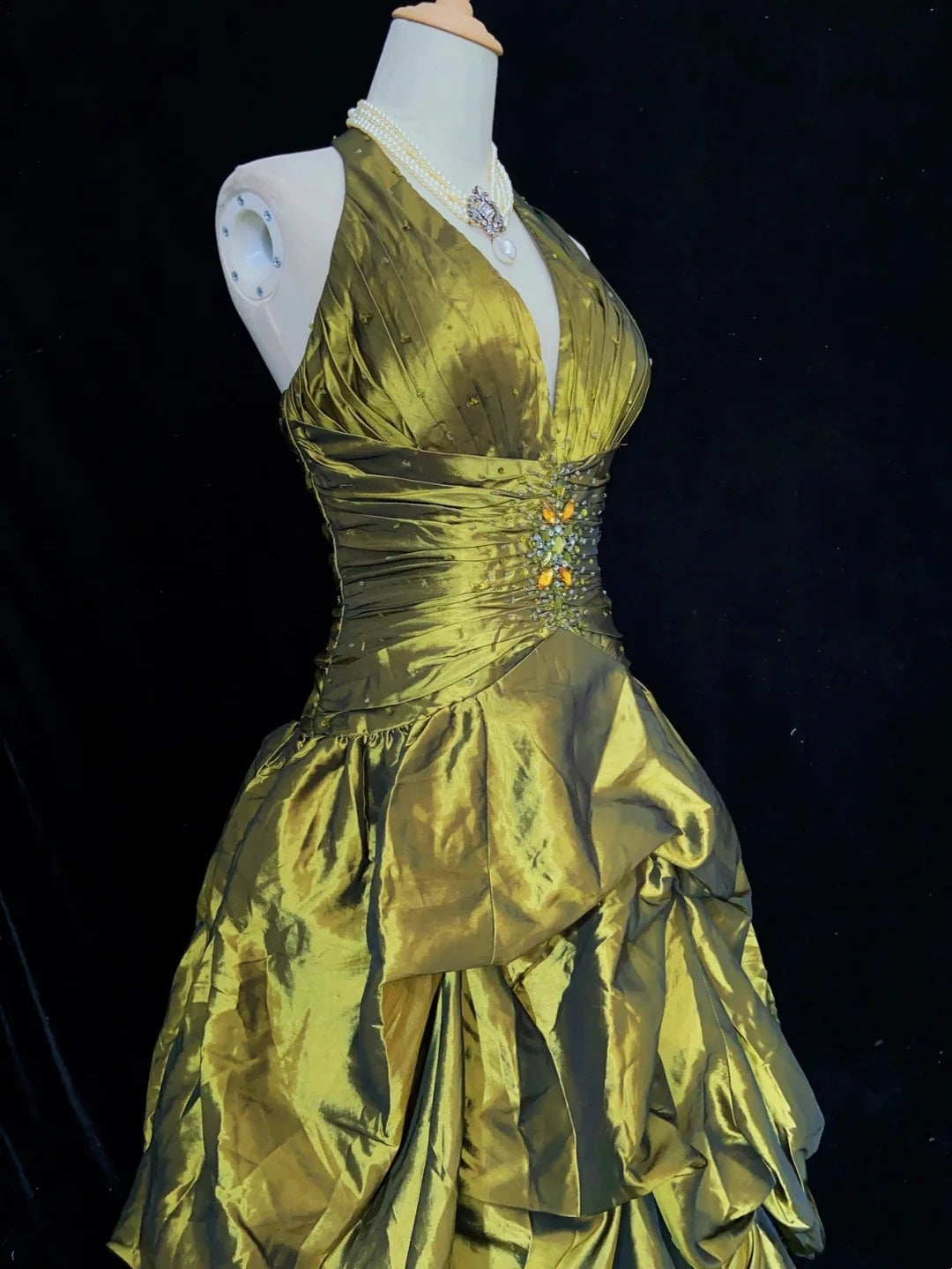 Modest Prom Dresses Ball Gown Olive Green Satin Floor Length Formal Evening Outfits N3485