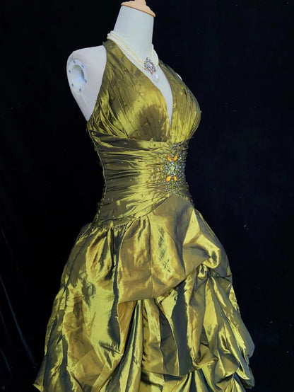 Modest Prom Dresses Ball Gown Olive Green Satin Floor Length Formal Evening Outfits N3485