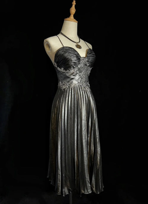 Beautiful Prom Dresses Inspo A line Spaghetti Strap Grey Satin With Lace tea Length For Women Formal Dress N3204