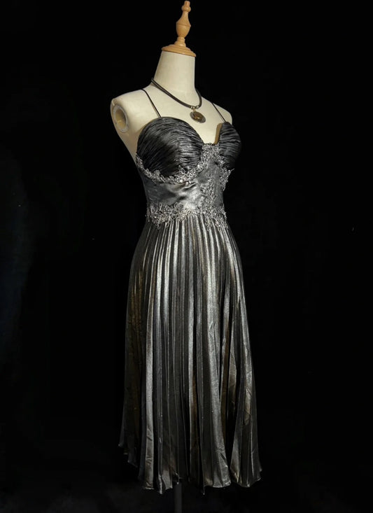 Beautiful Prom Dresses Inspo A line Spaghetti Strap Grey Satin With Lace tea Length For Women Formal Dress N3204