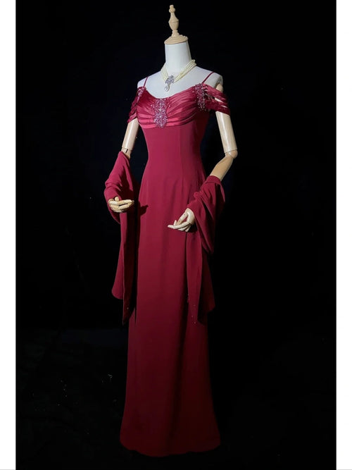 Timeless Prom Dresses A line Spaghetti Strap Burgundy Chiffon With Cape Beading Long Evening Outfits N3203