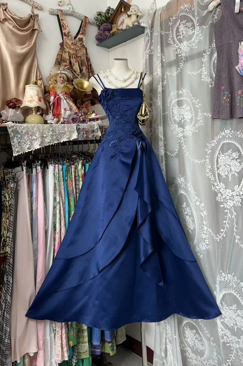 Charming Prom Dresses Ball Gown Spaghetti Strap Navy Blue Satin Floor Length Evening Outfits N3592