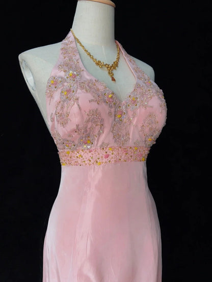 Timeless Prom Dresses A line Halter Pink Chiffon With Beading Long Evening Outfits N3205