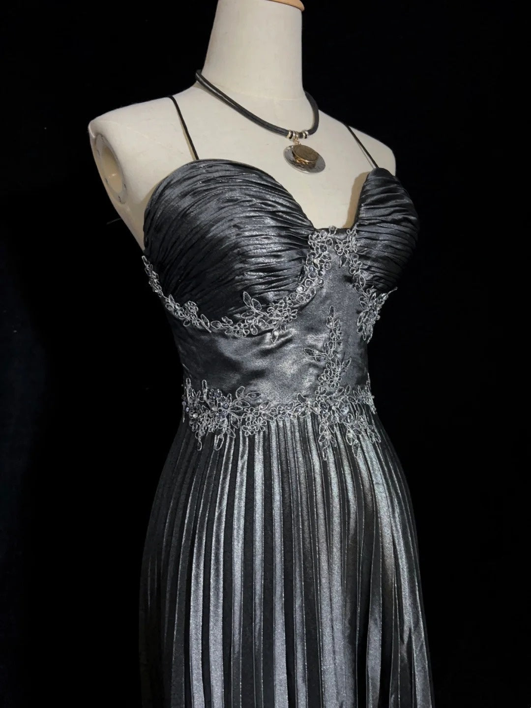 Beautiful Prom Dresses Inspo A line Spaghetti Strap Grey Satin With Lace tea Length For Women Formal Dress N3204