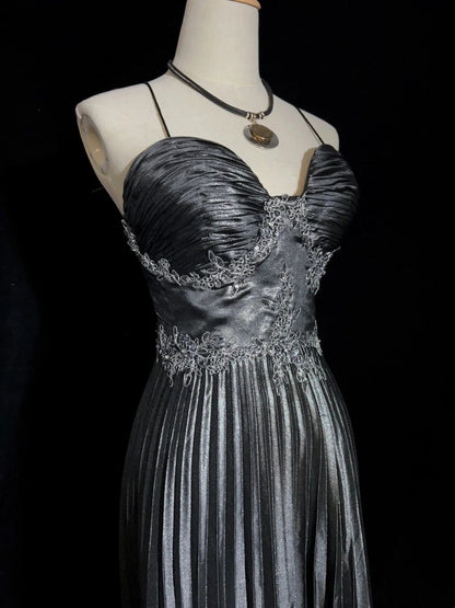 Beautiful Prom Dresses Inspo A line Spaghetti Strap Grey Satin With Lace tea Length For Women Formal Dress N3204