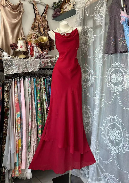 Vintage Mermaid Spaghetti Straps 80s Burgundy Chiffon Sleeveless Party Gowns Prom Dresses N1958