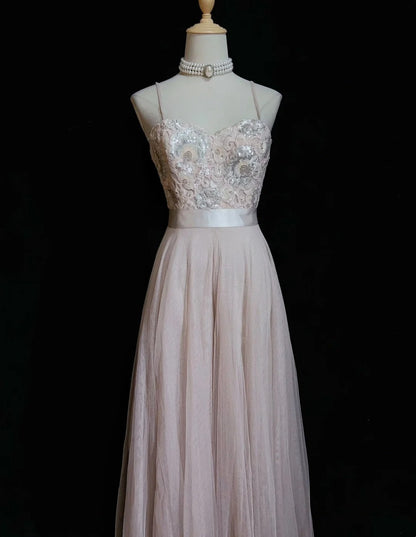 Elegant A Line Spaghetti Strap Blush Pink With Sequined Lace Formal Dress Sequin Birthday Prom Dresses N2834