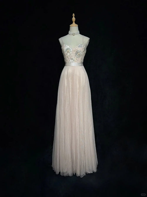 Elegant A Line Spaghetti Strap Blush Pink With Sequined Lace Formal Dress Sequin Birthday Prom Dresses N2834