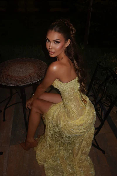 Modest Senior Prom Dresses High Schools Inspiration Mermaid Sweetheart Yellow Lace With Slit Semi Formal Grad Long Prom Dress For Teens AB2109
