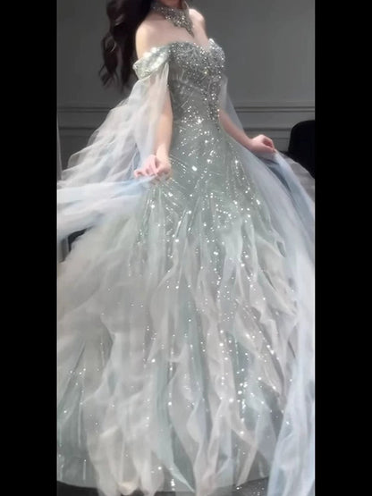 Glittery A line Off The Shoulder With Beads Sleeves Tiered Prom Dresses Inspiration Long Night Outfits 18th Birthday Outfits AB2224