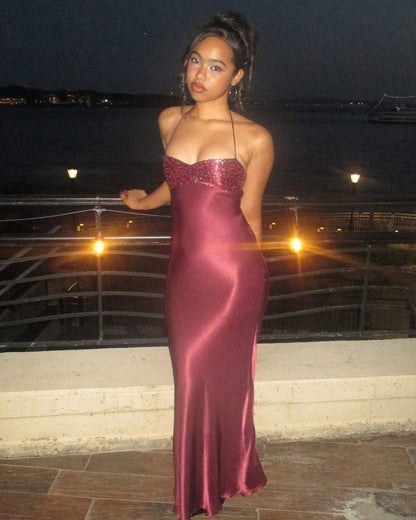 Sexy Mermaid Halter Burgundy With Beaded Inspo Formal Party Gowns Long Prom Dresses AB1745