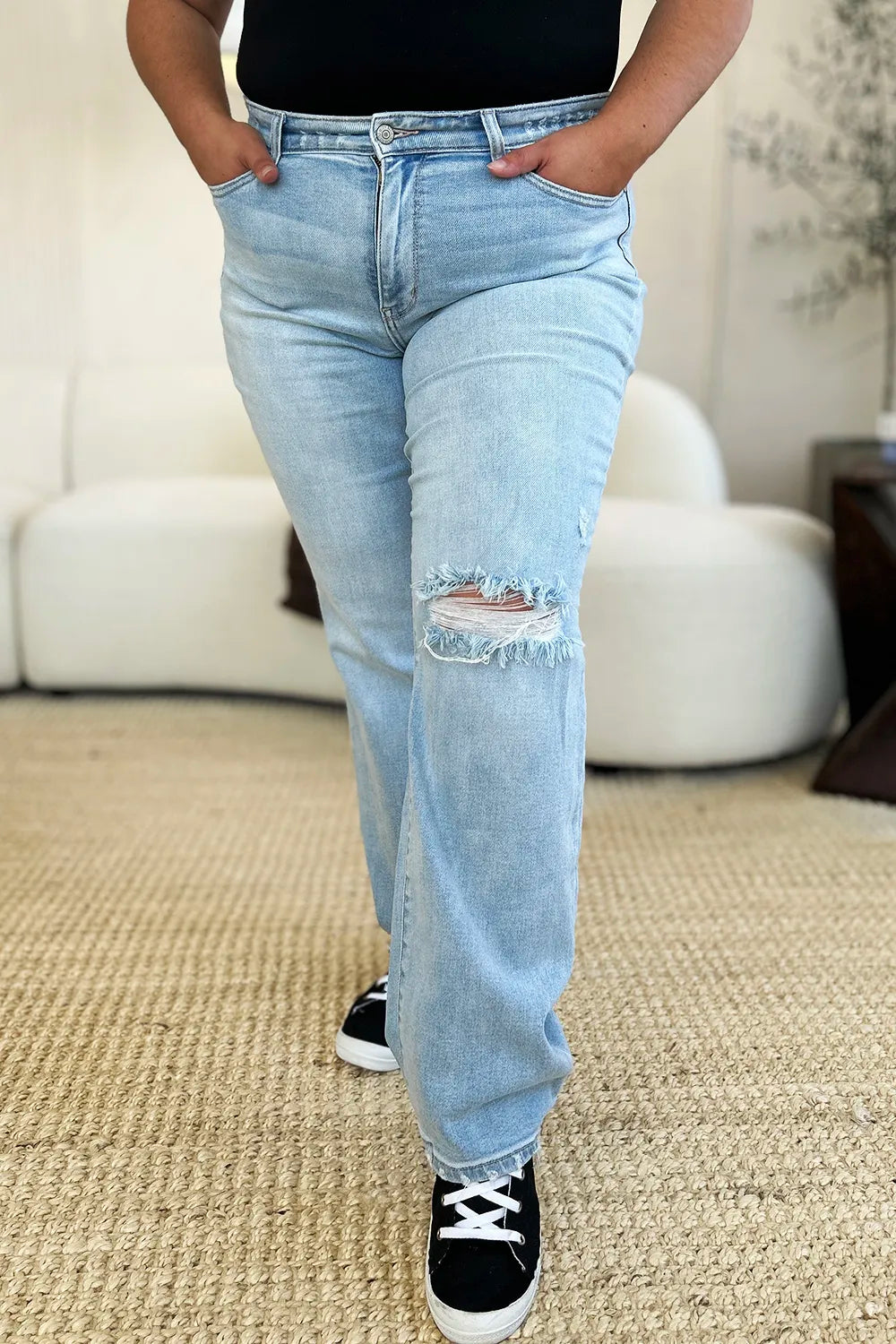 Full Size High Waist Distressed Straight Jeans