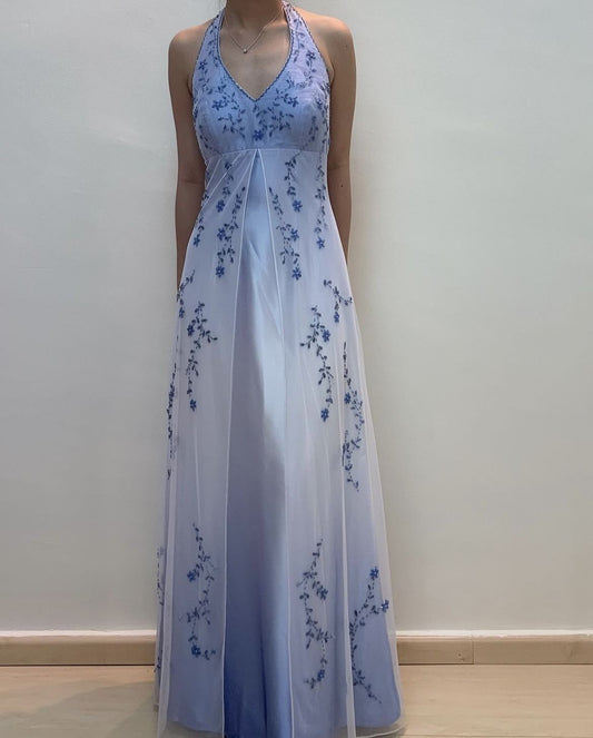 Vintage Y2K A line Halter Blue Gradient Colors Sleeveless Long Formal Dress 21st Birthday Prom Dresses N2407