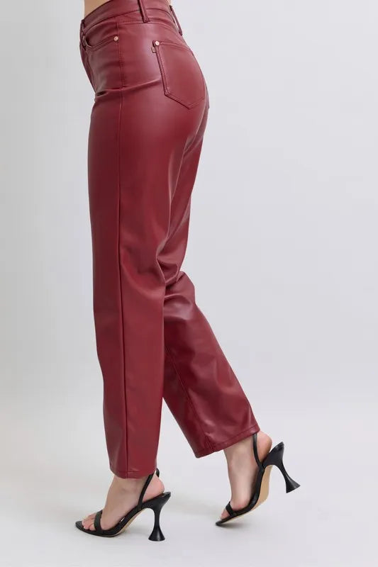 Full Size High Waist Tummy Control Faux Leather Straight Pants Plus Size