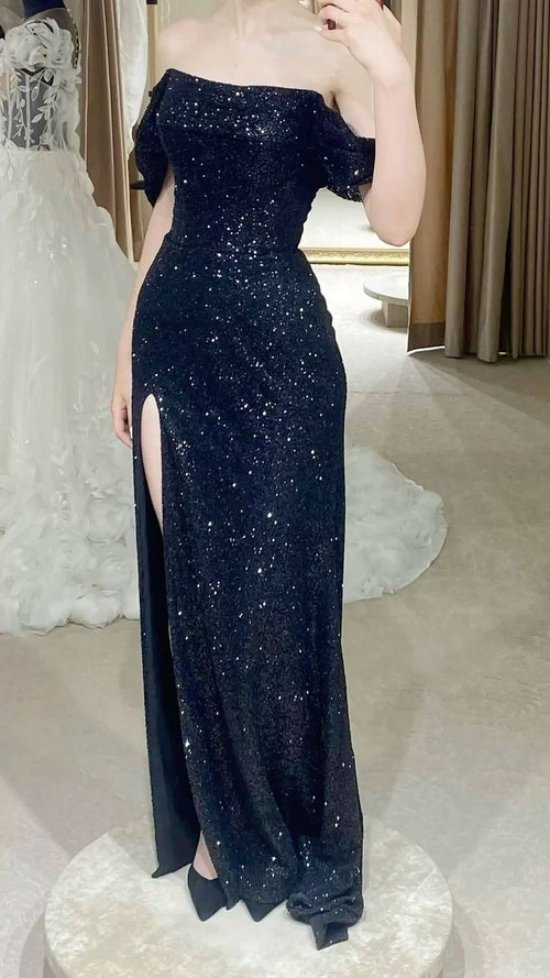 Chic Mermaid Off The Shoulder Navy Blue Sequins Slit With Pleated Short Sleeves Long Party Women Prom Dresses AB1898