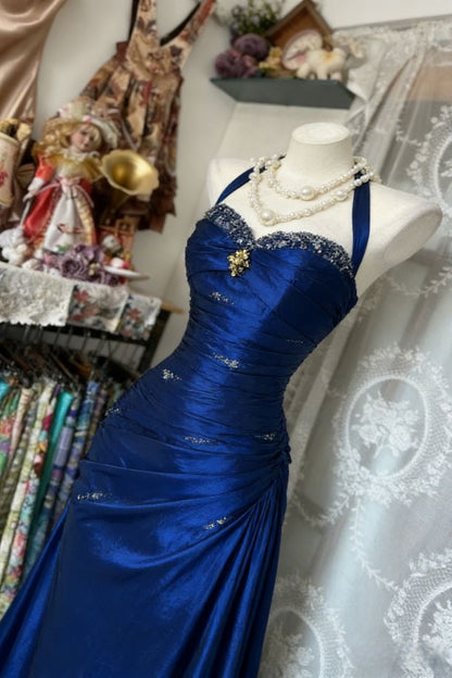 Vintage Halter Sheath Long Prom Dresses Beaded Satin Blue Evening Dresses Sleeveless Birthday Dress N1781