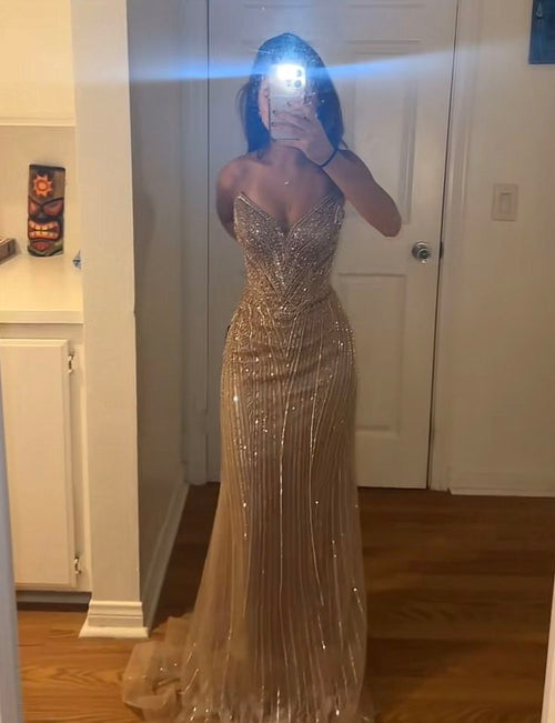 Sparkly Mermaid Sweetheart Champagne Sequin With Crystals For High Schools Teens Prom Dresses Long Graduation Dress N1664