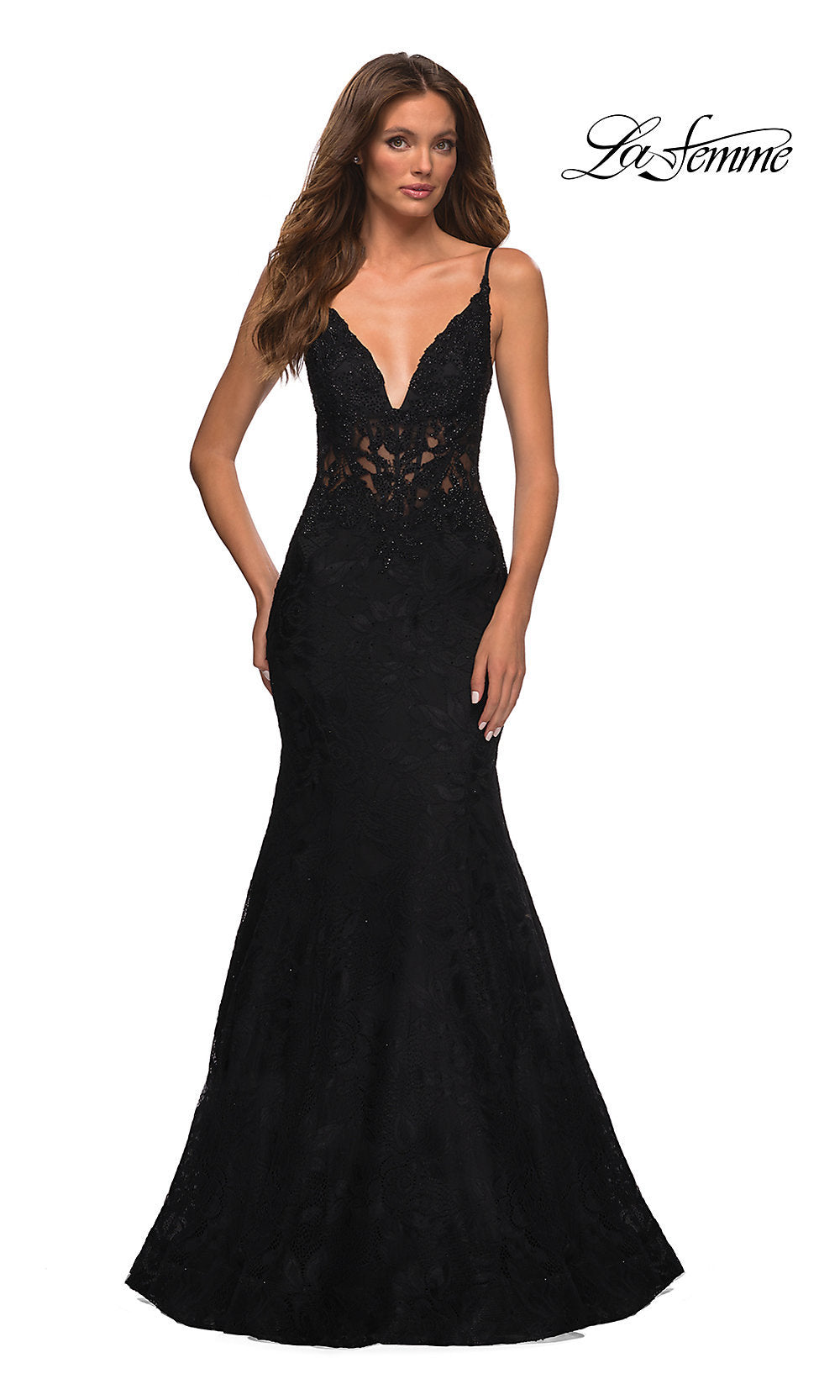 La Femme Sheer-Waist Long Lace Mermaid Prom Dress
