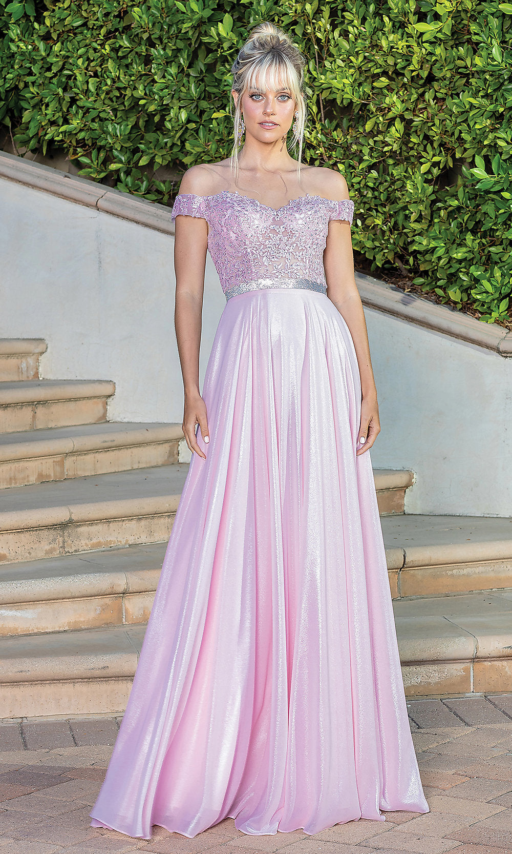 Off-the-Shoulder Long Metallic A-Line Prom Dress
