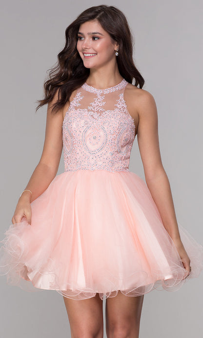 Sheer-Bodice Short Babydoll Homecoming Dress