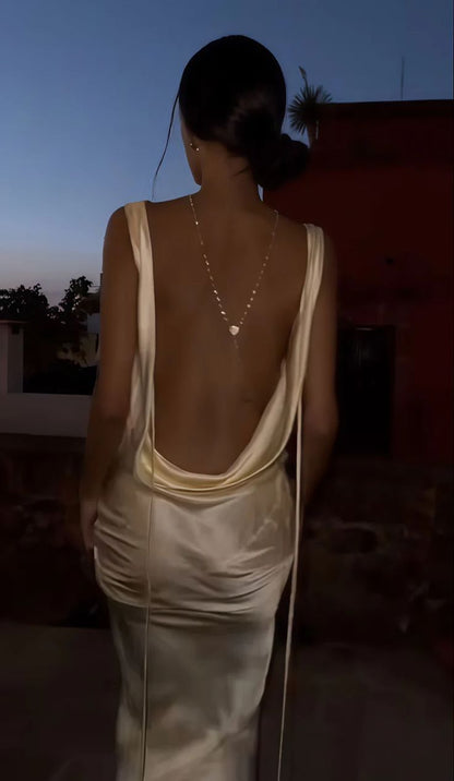 Sexy Backless Satin Sheath Cowl Neck Prom Dress Long Evening Dress AB1916