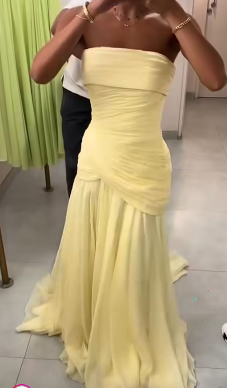 Charming Mermaid Strapless Chiffon Yellow Sleeveless Formal For Black Women Girls Teens Prom Dresses N2311