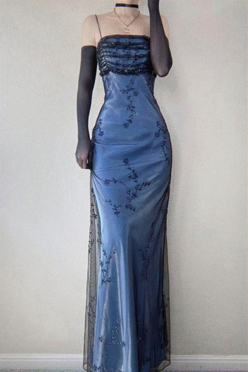 Blue/Grey Delicate Beaded Long Tulle Elegant A line Evening Dress Formal Birthday Party Dress Prom Dresses N1696