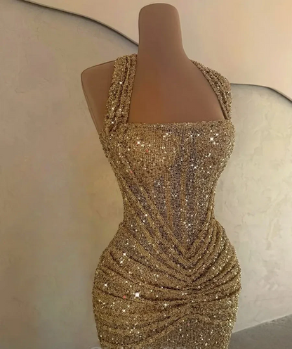 Modest Senior Prom Dresses High Schools Inspiration Mermaid Halter Gold Sequin With Pleated Semi Formal Grad Long Prom Dress For Teens AB1981