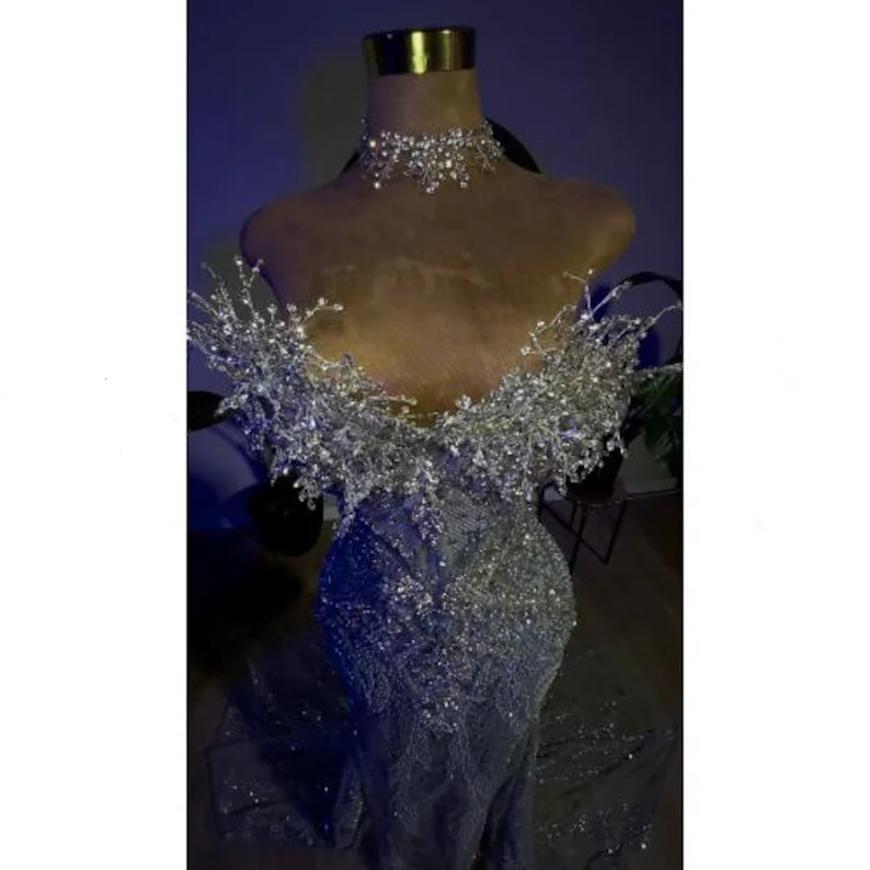 Glittery Mermaid Sweetheart Prom Dresses Silver Sequin Beaded Crystals Long Formal Evening Party Gown N811