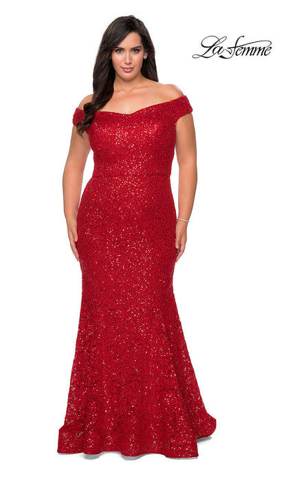 Off-the-Shoulder Long Shimmer Lace Plus Prom Dress