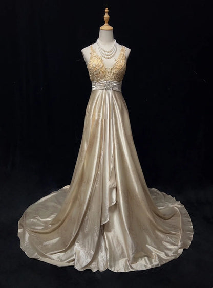 Beautiful Prom Dresses Inspo A Line Halter Champagne Satin With Lace Long Women Formal Dress N3198