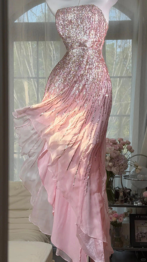 Elegant Prom Dresses Mermaid Strapless Pink Chiffon High Low Formal Evening Outfits N3530