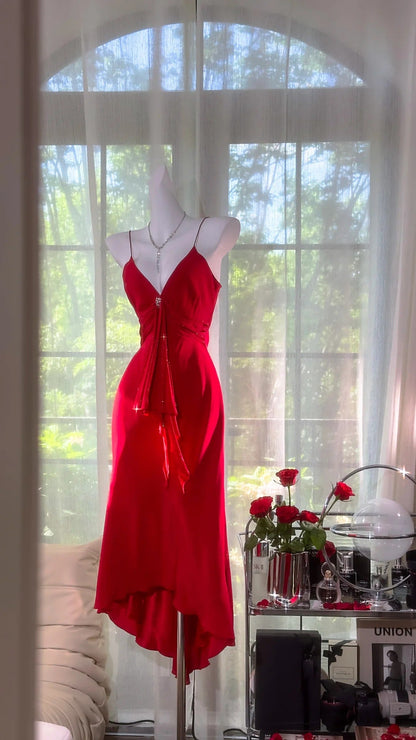 Charming Prom Dresses Mermaid Spaghetti Strap Red Chiffon Mid Length Evening Outfits N3580