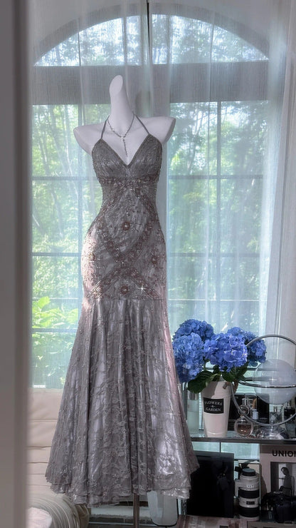 Modest Prom Dresses Mermaid Halter Grey With Beading Backless Sleeveless Evening Outfits N3575