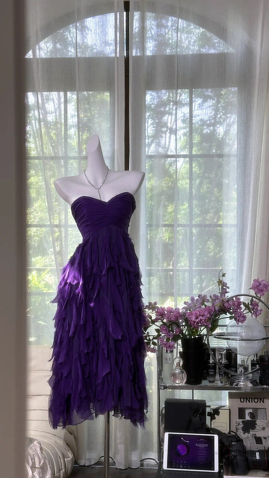 Charming Prom Dresses A Line Sweethehart Purple Chiffon Mid Length Evening Outfits N3581