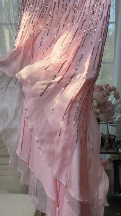Elegant Prom Dresses Mermaid Strapless Pink Chiffon High Low Formal Evening Outfits N3530