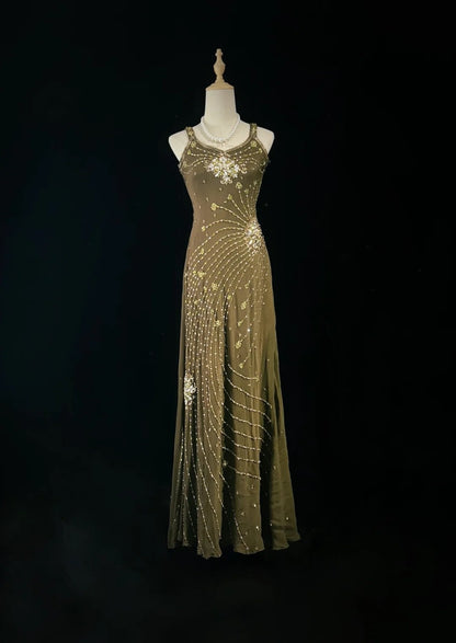 Elegant Chic Prom Dresses A Line Olive Green Spaghetti Strap Chiffon Sleeveless With Beading Semi Formal Evening Dress N3797