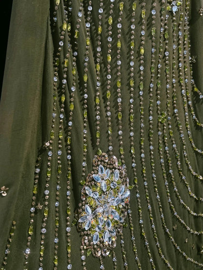 Elegant Chic Prom Dresses A Line Olive Green Spaghetti Strap Chiffon Sleeveless With Beading Semi Formal Evening Dress N3797